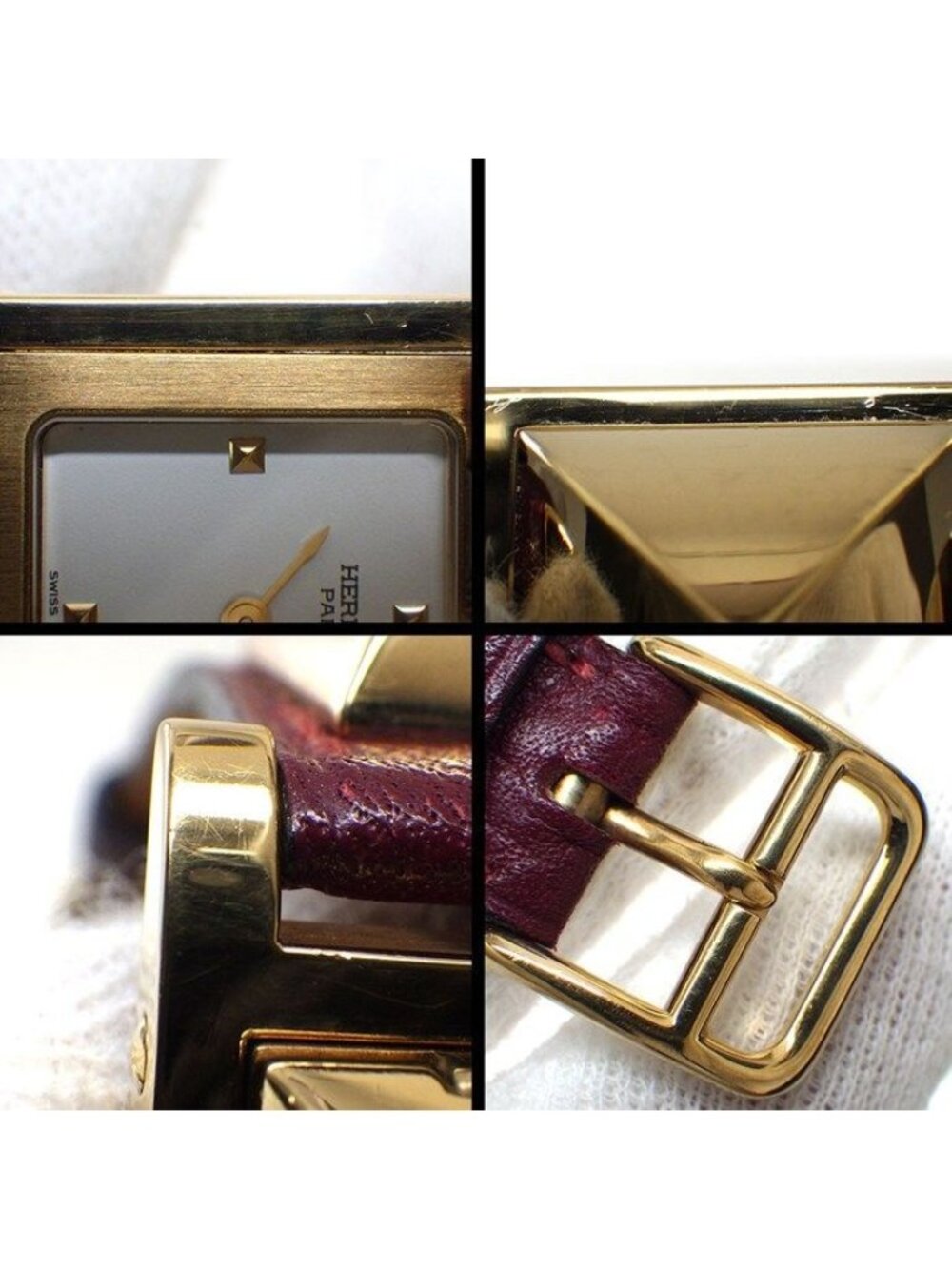 Hermes Watch Medallion Studs Square White Dial Red Leather Quartz Analog - Picture 9 of 12